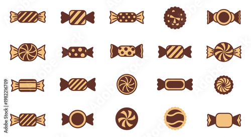 A collection of various brown and beige candies and chocolates with different wrappers and shapes, presented as a flat icon set on a white background.