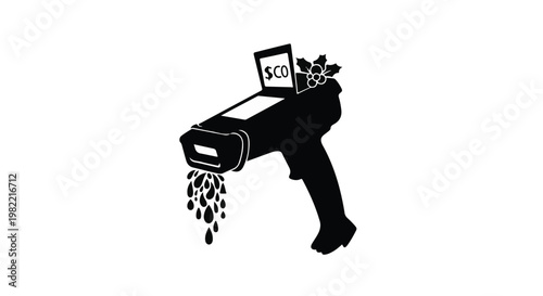 Barcode scanner emitting liquid droplets displays a sign labeled with a dollar symbol to illustrate the concept of retail profitability and revenue generation.