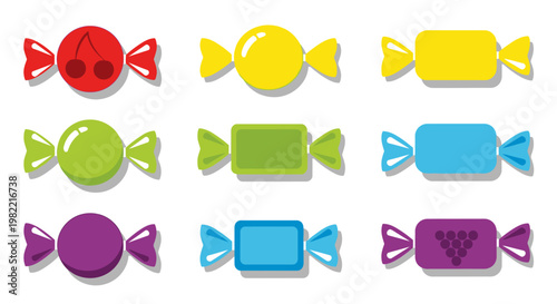 A vibrant collection of nine individually wrapped candies in various shapes and colors, including round and rectangular designs with fruit motifs.