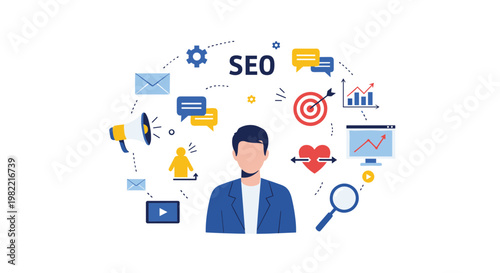 Professional man surrounded by icons for search engine optimization digital marketing social media and web analytics for business growth.