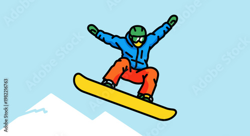 A cartoon illustration of a snowboarder jumping in the air against a light blue sky and snowy mountains.