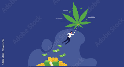 Businessman hangs from large marijuana leaf while money falls below representing the financial growth and risks of the cannabis industry.