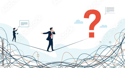 Brave businessman walks on tightrope towards giant question mark above tangled wires representing risk management and uncertain decisions.