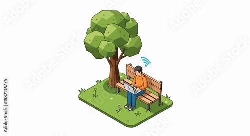Digital Nomad Working on Laptop in Park Under Tree Isometric Vector Illustration