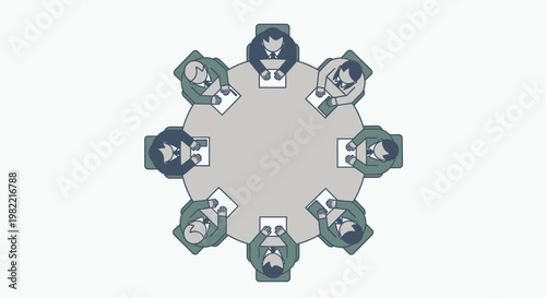 Overhead view of eight business people sitting around a round table in a meeting, discussing documents.