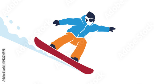 Illustration of a snowboarder in a blue jacket and orange pants riding down a snowy mountain slope, depicting winter sports activity.