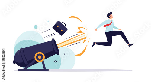 Ambitious businessman being shot out of a cannon with his briefcase representing a fast career start or a high risk business move.