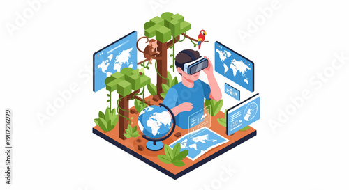 Isometric Virtual Reality Education and Travel Concept: Man in VR Headset Exploring Tropical Jungle and World Maps for Immersive Learning, Geography, and Metaverse Exploration