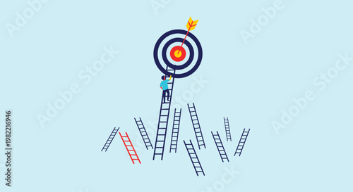 Small figure climbing a tall ladder among broken ladders to reach a target symbolizing persistence and path to success through challenges.