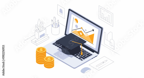 Online Education Investment Concept with Laptop, Graduation Cap, Gold Coins, and Financial Growth Chart