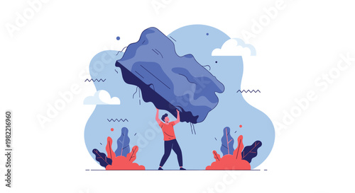 Determined man lifts a giant heavy blue rock over his head representing overcoming massive obstacles and inner strength in business world.