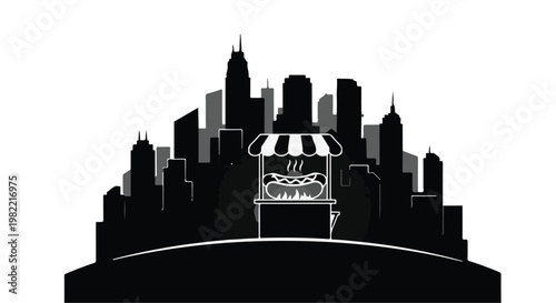 Hot dog stand silhouette stands against a stylized urban city skyline background to represent small business street food culture in a metropolitan environment.