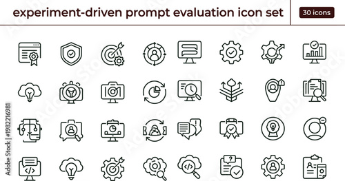 Experiment driven prompt evaluation outline icon set with analytics validation testing monitoring symbols for dashboards apps presentations web interface development systems