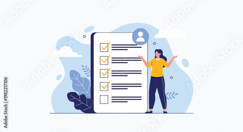 Successful woman stands next to giant checklist with many checkmarks representing task completion and productive organization in workplace.