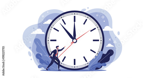 Determined man in suit tries to stop or turn back the hands of a giant clock representing time management and fighting against deadlines.
