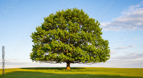 A lush green tree stands prominently in a field on transparent background