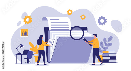 Two people collaborate to search through giant folder with magnifying glass representing data organization and document management systems.
