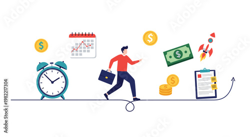 Executive running along a winding path surrounded by icons representing career milestones and business achievements.