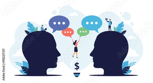 Human silhouettes facing each other with colorful speech bubbles while a person facilitates communication ideas.