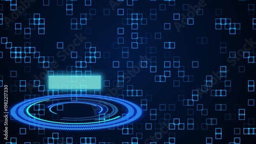 Futuristic Digital HUD Interface Background With Glowing Neon Blue Circular Platform And Floating Data Bar. Translucent Square Outlines Drift Across Dark Blue Cybernetic Space. High-tech Sci-fi Scene 