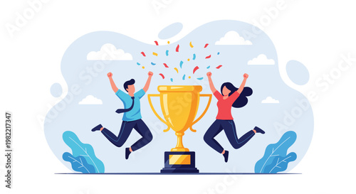 Cheerful coworkers jumping in celebration next to a giant gold trophy with confetti to honor a major success.