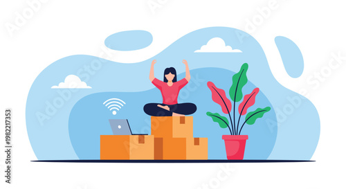 Businesswoman practicing yoga and meditation on a stack of cardboard boxes to manage stress in a home office.