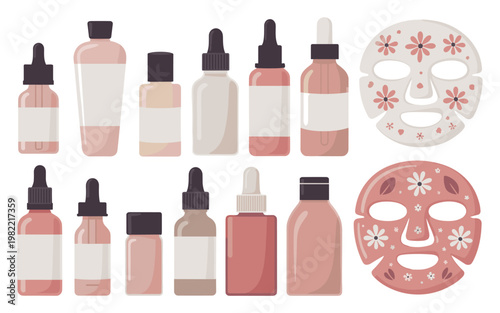 Beauty products and facial masks arranged neatly. Soft pink and beige tones create soothing impression. Each bottle and mask shows gentle, carefree design. Ideal for wellness, skincare