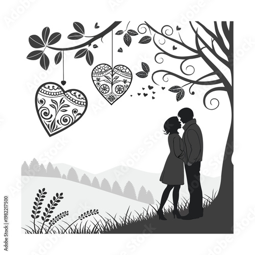 Romantic couple kissing, heart decorations, black and white vector, love, Valentine's Day