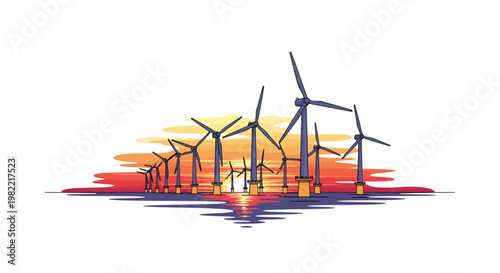 Wind turbines at sunset with colorful abstract background