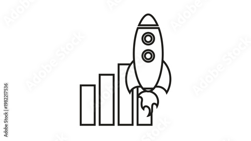 Minimalist black vector icon illustration of a rocket ship launching from a rising bar chart, symbolizing rapid business growth, startup success, financial progress, and scaling up operations.
