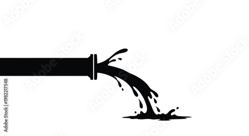 Black liquid pouring from a pipe creating a splash on a surface