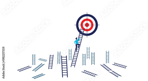 Ambitious individual climbing a very tall ladder among many others to reach a target representing career focus.