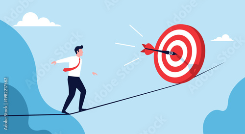 Precise manager walking across a tightrope towards a target bullseye symbolizing risk management and balance.