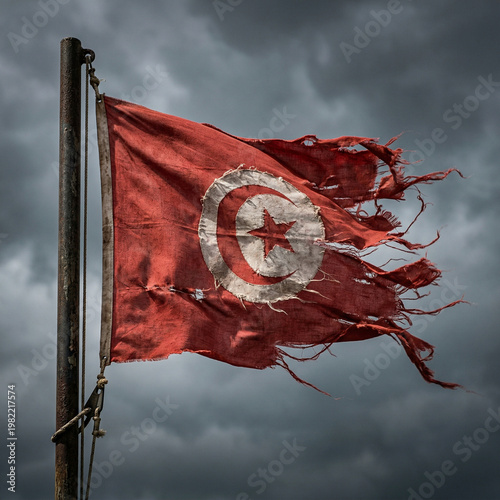 Fotografie Tattered and worn national flag of tunisia flying against a dark and foreboding