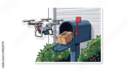 Drone delivering package to mailbox with flowers
