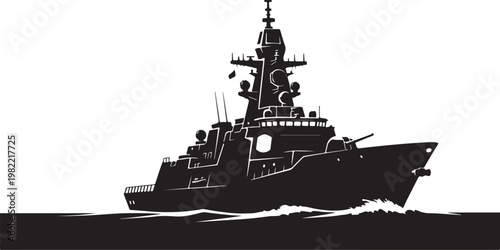 Military warship, naval vessel, black silhouette, vector illustration, ocean, sea, warfare, defense