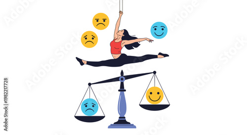 Professional doing a split on a scale between happy and sad faces to represent work life balance and stability.
