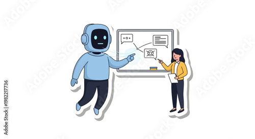 Robot and woman presenting on whiteboard in office setting