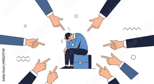 Dejected man sitting on a briefcase while several hands point at him symbolizing workplace blame and pressure.