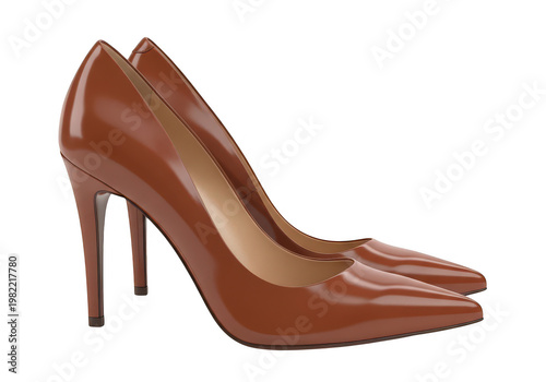 A pair of glossy brown high heeled pumps displayed at an angle ideal for design projects on transparent background