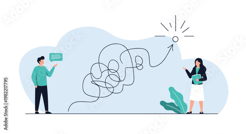 Coworkers discussing a tangled path that leads to a straight arrow and target to signify complex problem solving.