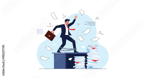 Chained businessman standing on a desk with papers flying around to represent work overload and corporate stress.