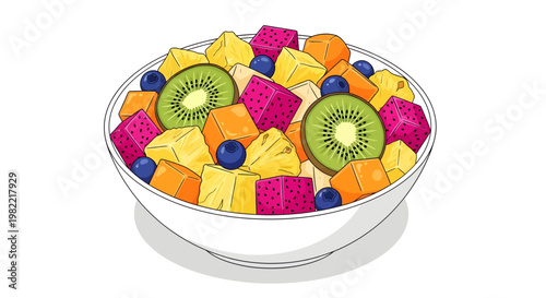 Colorful fruit salad in a bowl with kiwi and berries