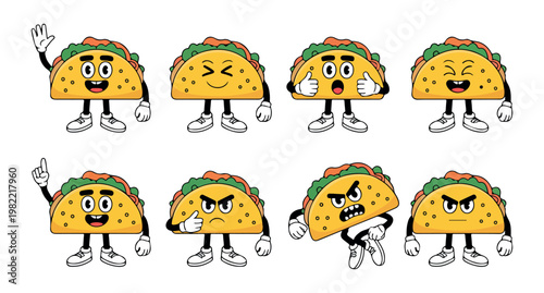 Eight cheerful cartoon taco characters show various human like emotions and poses