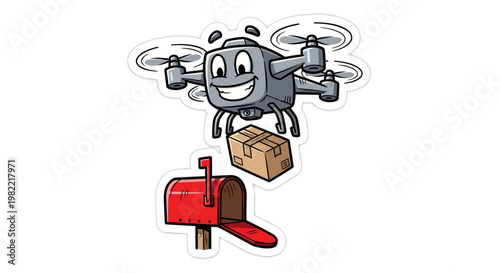 Cute drone delivering package to red mailbox with smiling face