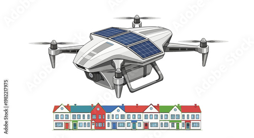 Drone flying over colorful houses with solar panel on top