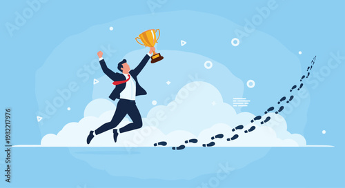 Successful businessman jumping with a trophy following a path of footprints to celebrate a completed journey.