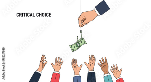 Group of hands reaching for money on a fishing hook representing temptation and difficult financial choices.