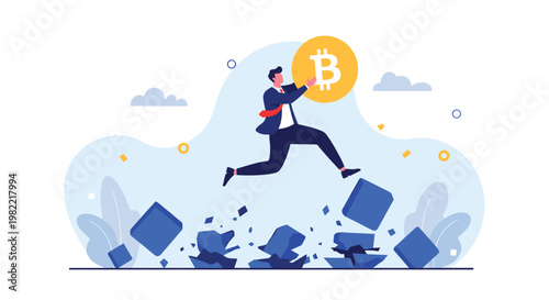 Businessman jumps over crumbling blue obstacles while carrying a large bitcoin coin representing cryptocurrency financial success.