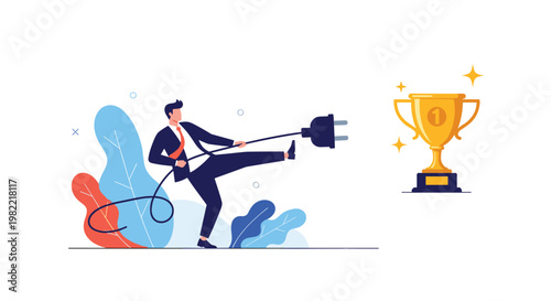 Businessman in a suit pulls a power plug away from a gold trophy while kicking his leg to show competition and victory.